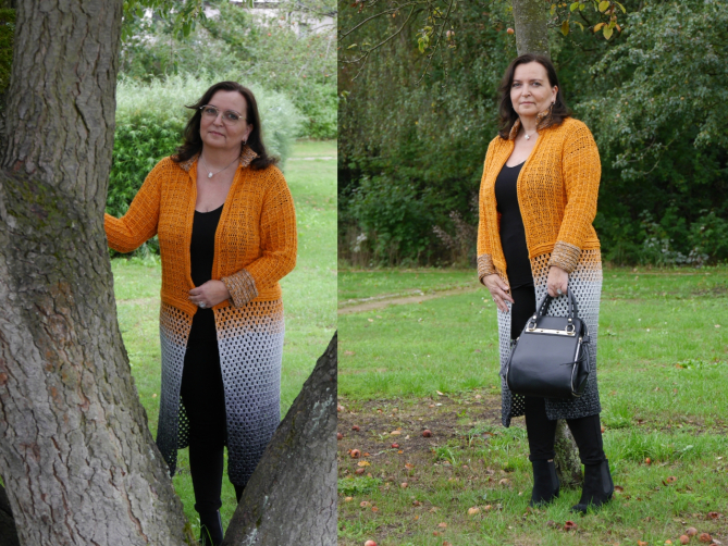 Häkelmantel „Autumn Love“ im RVO-Stil – Vorderansicht, offen getragen im gemütlichen Herbstlook